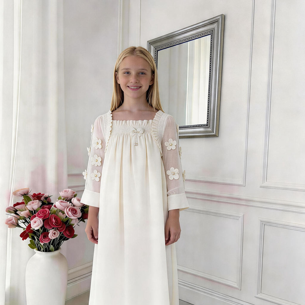 Elara Sheer Sleeve Girls Dress – Elegant Flowing Occasion Dress (RG9933)
