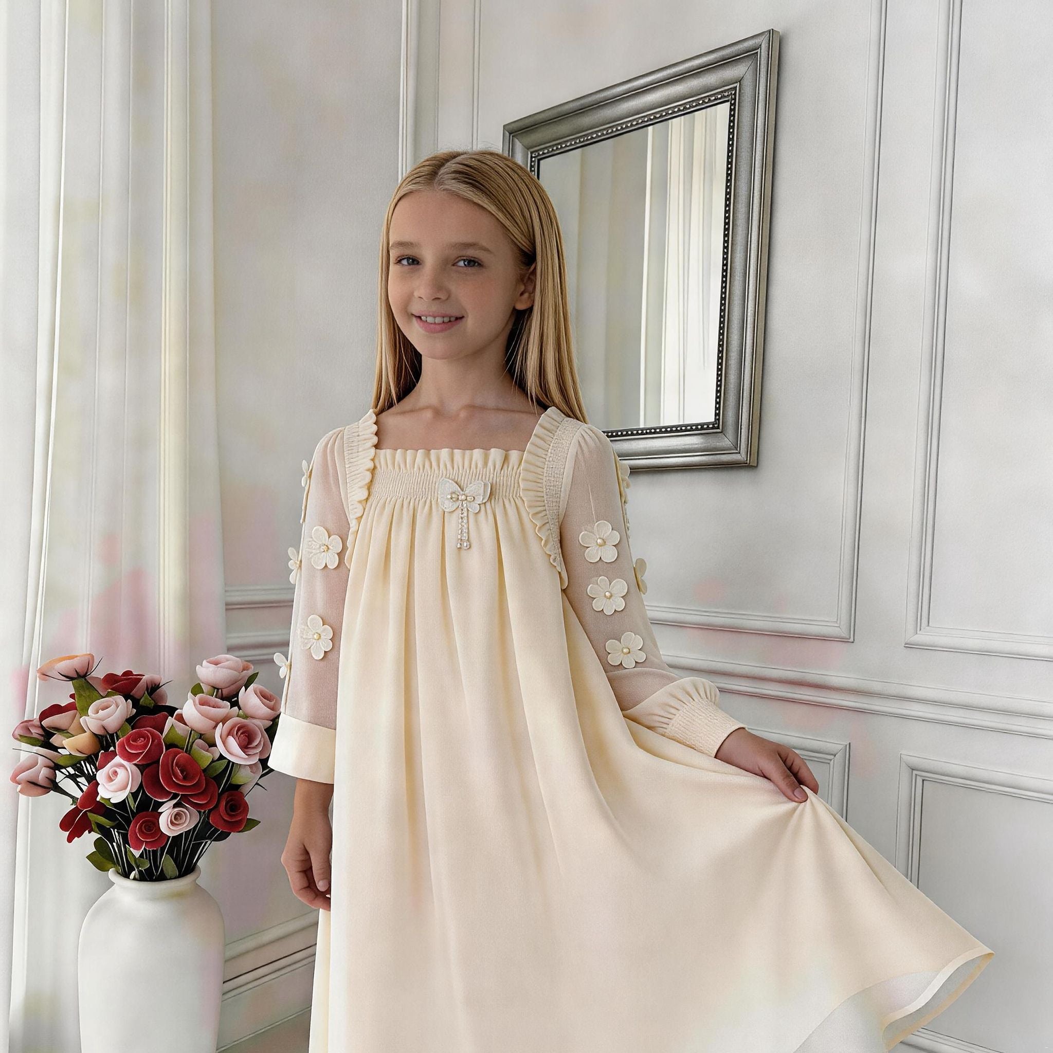 Elara Sheer Sleeve Girls Dress – Elegant Flowing Occasion Dress (RG9933)