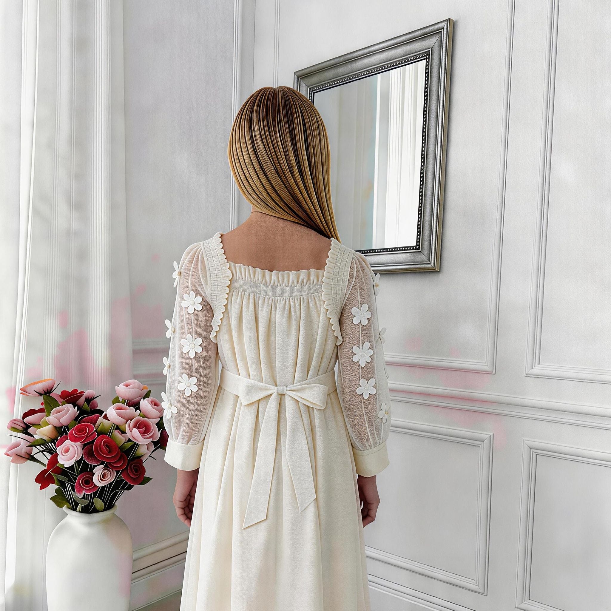 Elara Sheer Sleeve Girls Dress – Elegant Flowing Occasion Dress (RG9933)