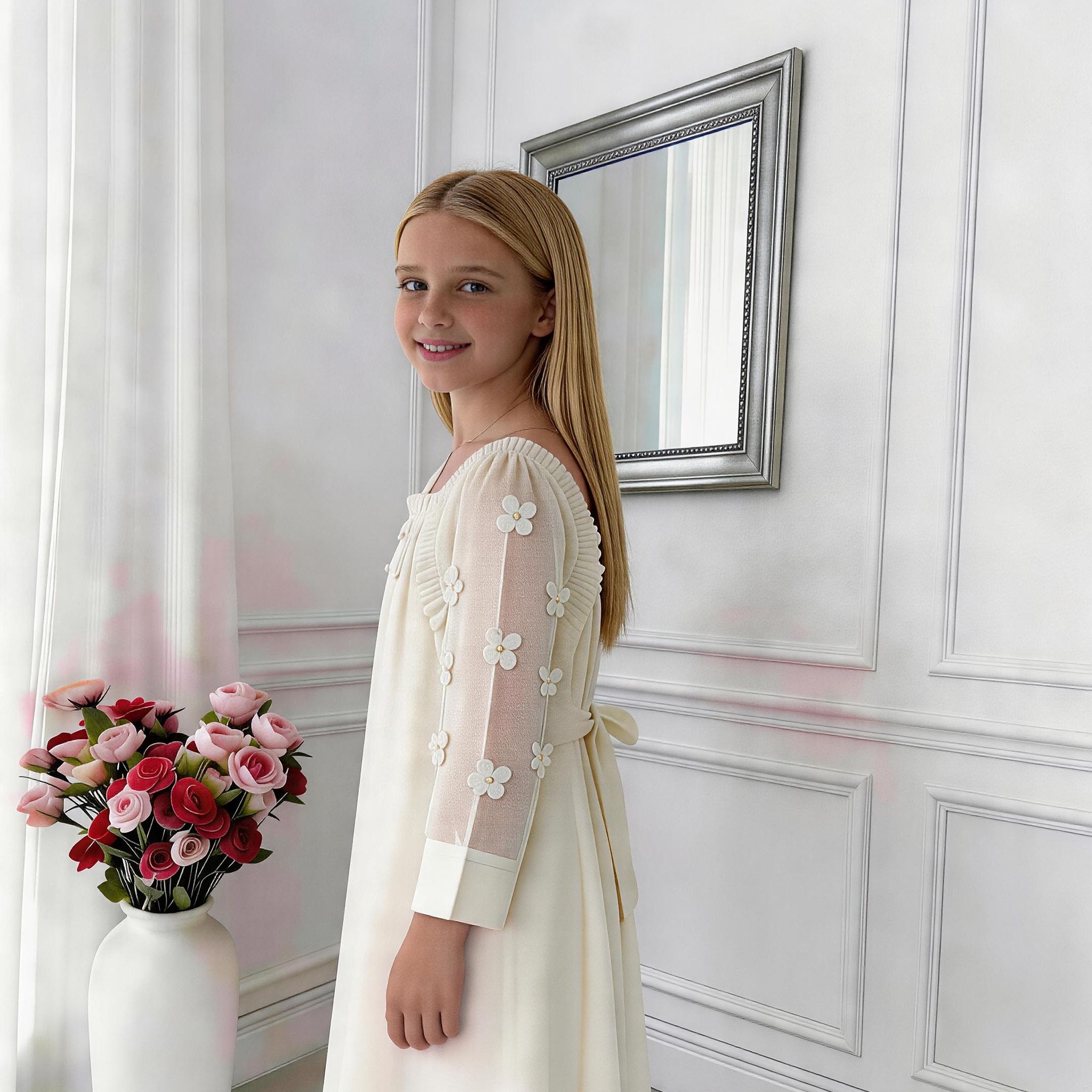 Elara Sheer Sleeve Girls Dress – Elegant Flowing Occasion Dress (RG9933)