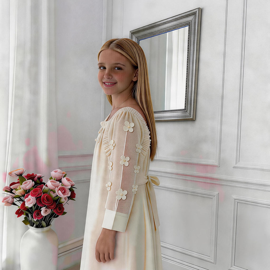 Elara Sheer Sleeve Girls Dress – Elegant Flowing Occasion Dress (RG9933)