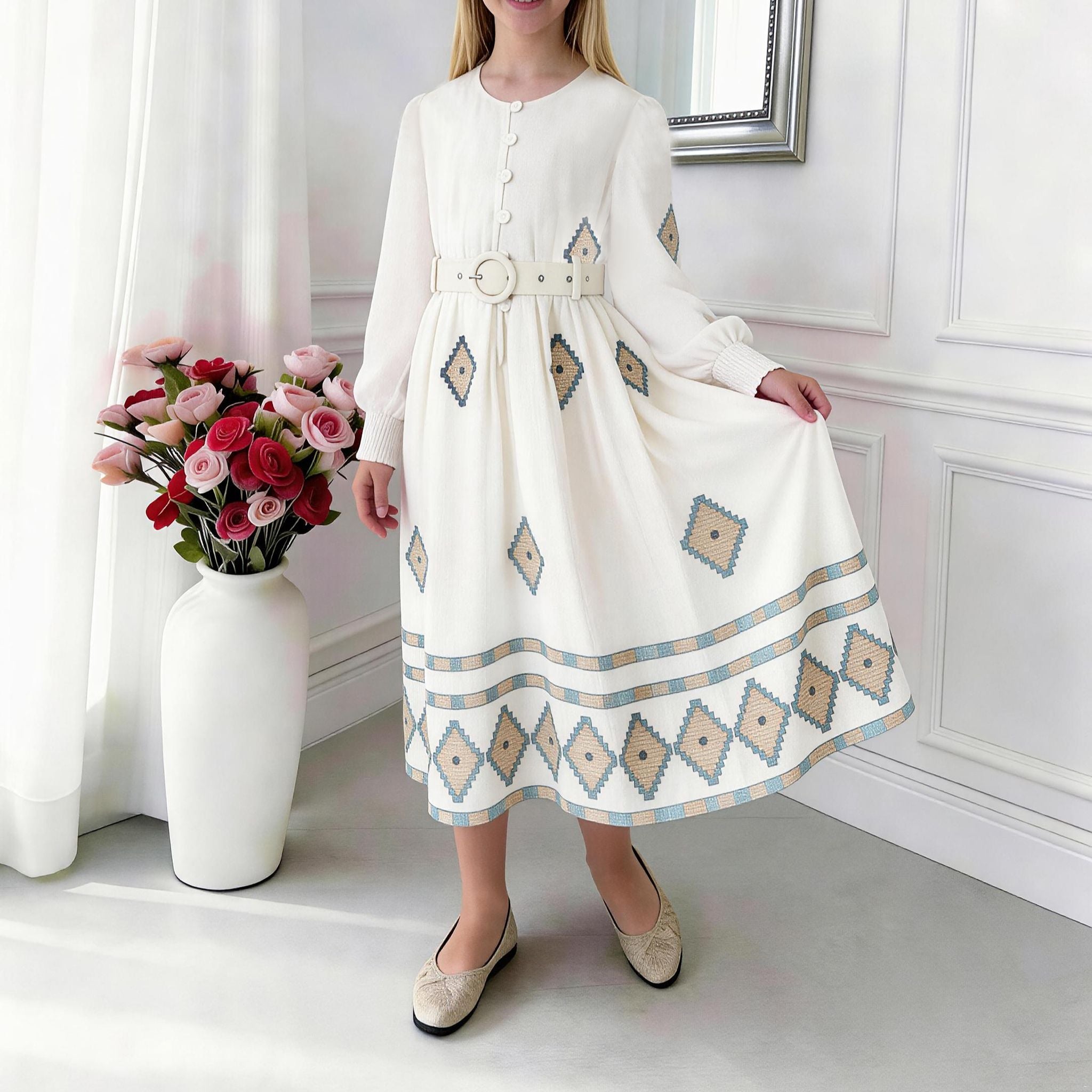 Noor Embroidered Linen-Blend Dress – Elegant Girls Occasion Dress (RG7733A)