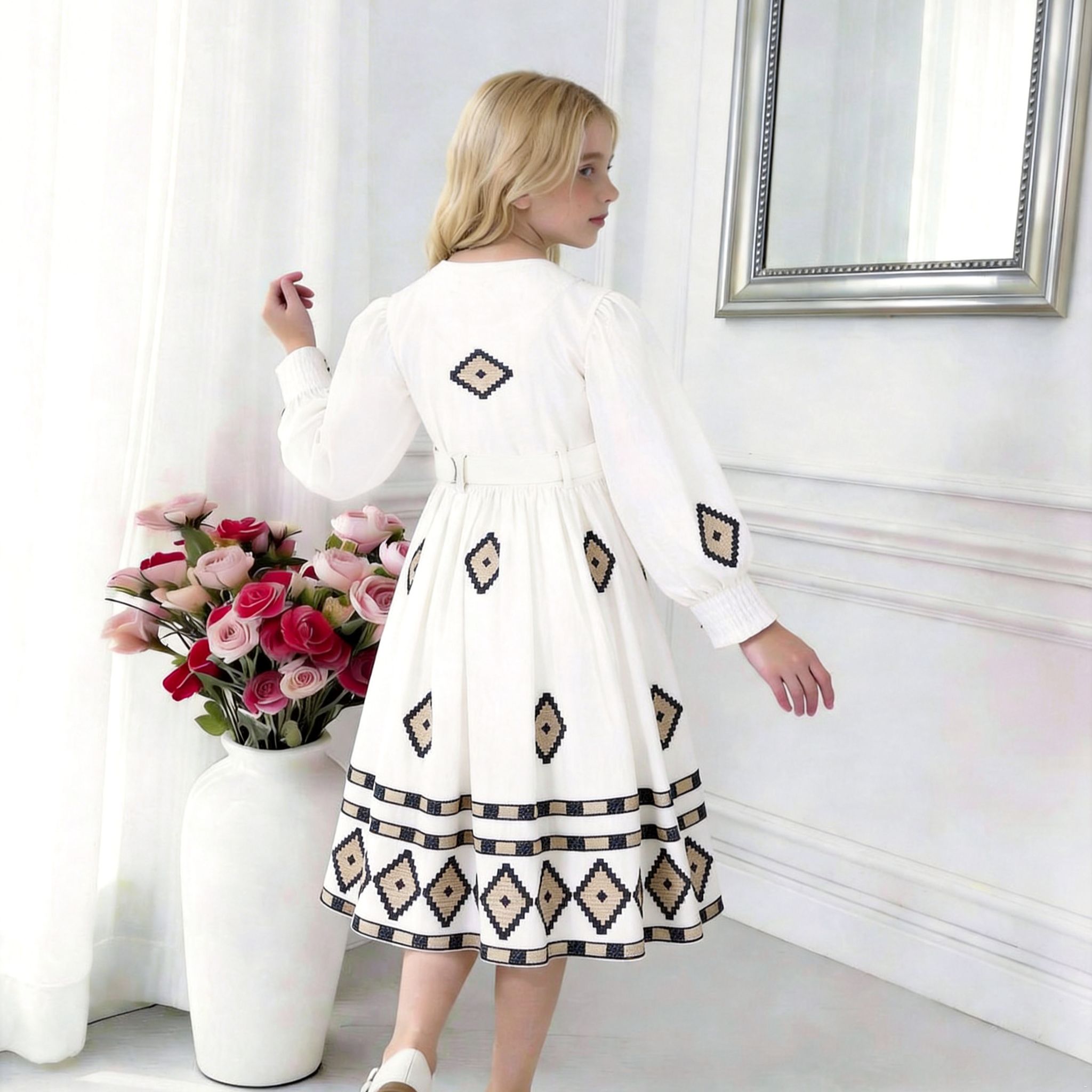 Noor Embroidered Linen-Blend Dress – Elegant Girls Occasion Dress (RG7733A)