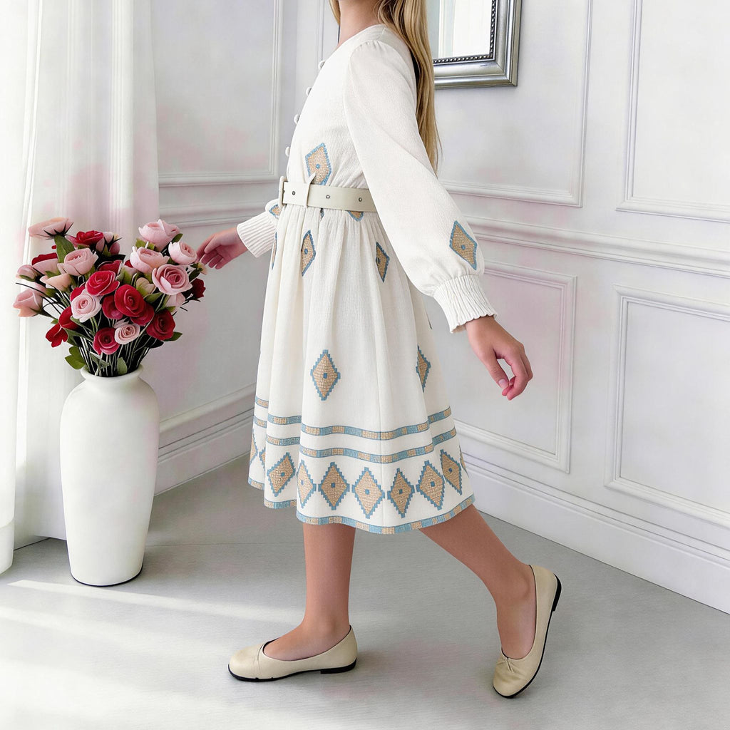 Noor Embroidered Linen-Blend Dress – Elegant Girls Occasion Dress (RG7733A)
