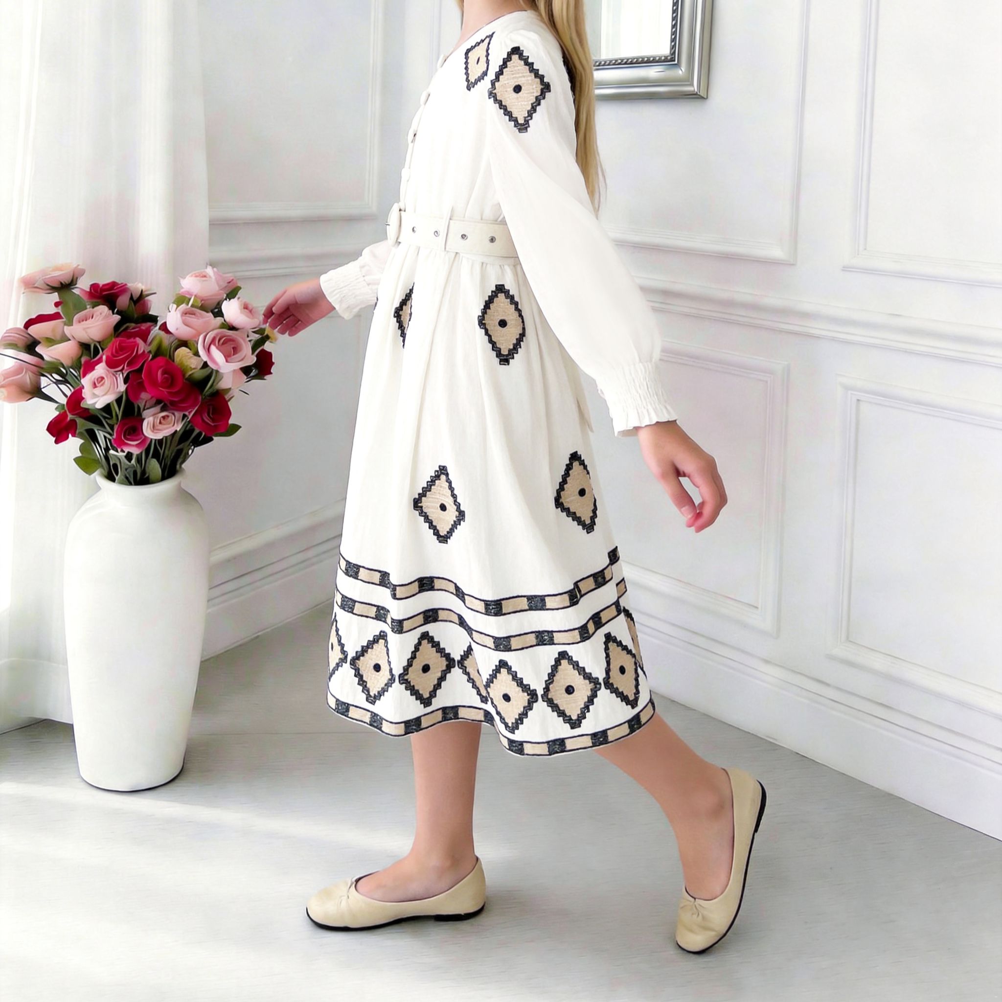 Noor Embroidered Linen-Blend Dress – Elegant Girls Occasion Dress (RG7733A)