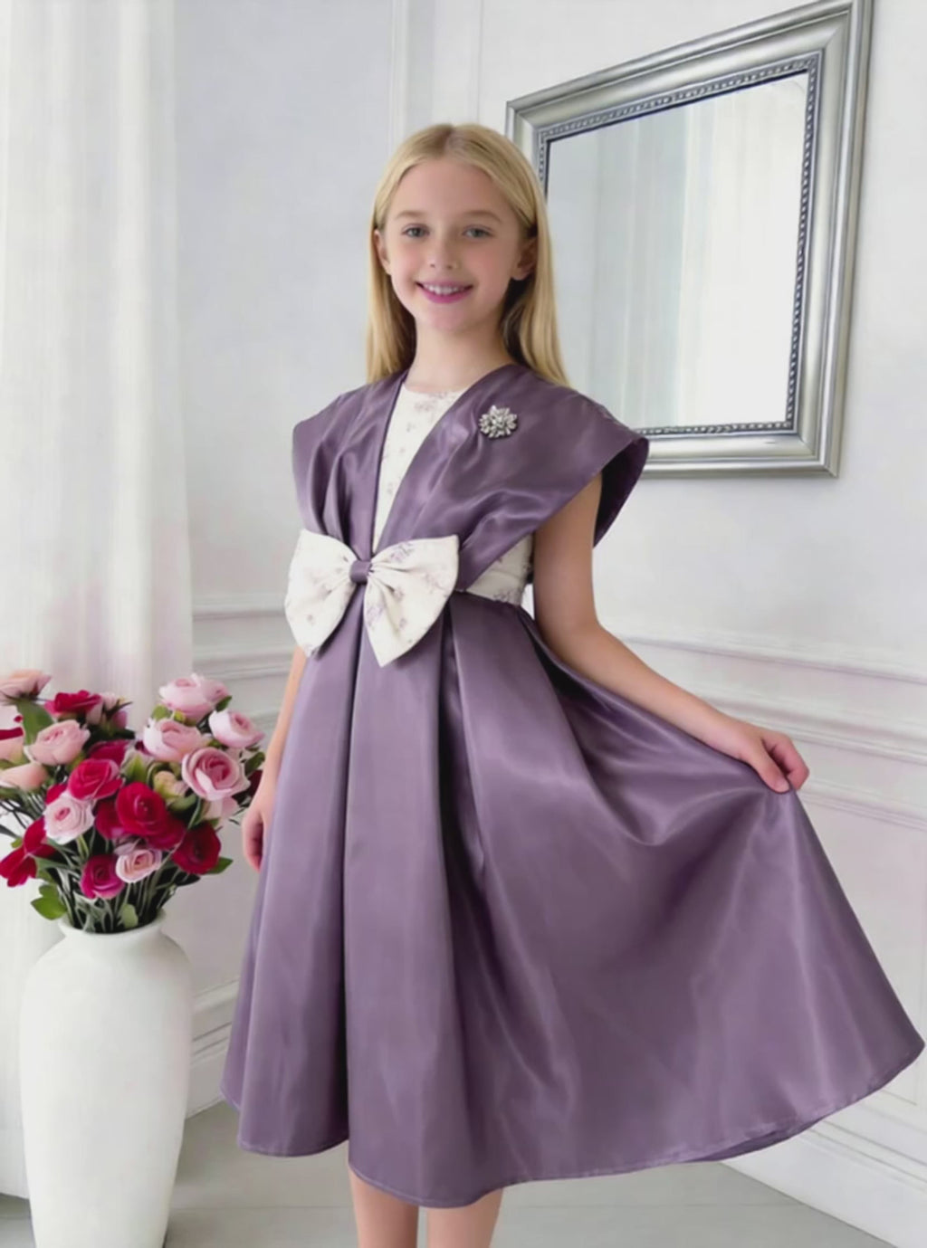 Amara Structured Bow Girls Dress – Elegant Statement Occasion Dress (RG7734)
