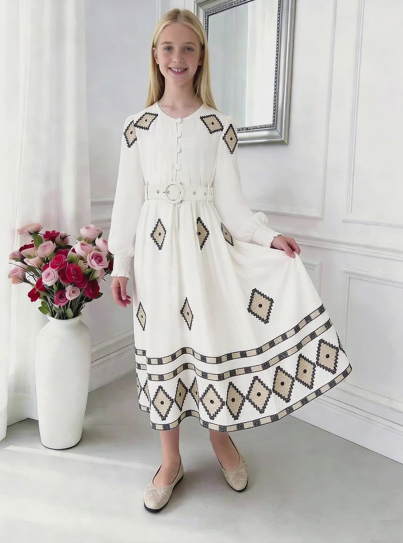 Noor Embroidered Linen-Blend Dress – Elegant Girls Occasion Dress (RG7733A)