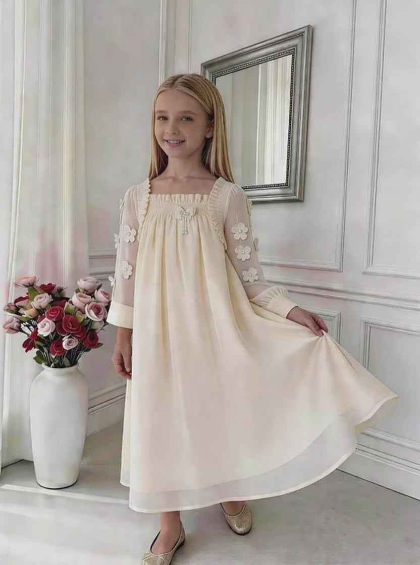 Elara Sheer Sleeve Girls Dress – Elegant Flowing Occasion Dress (RG9933)