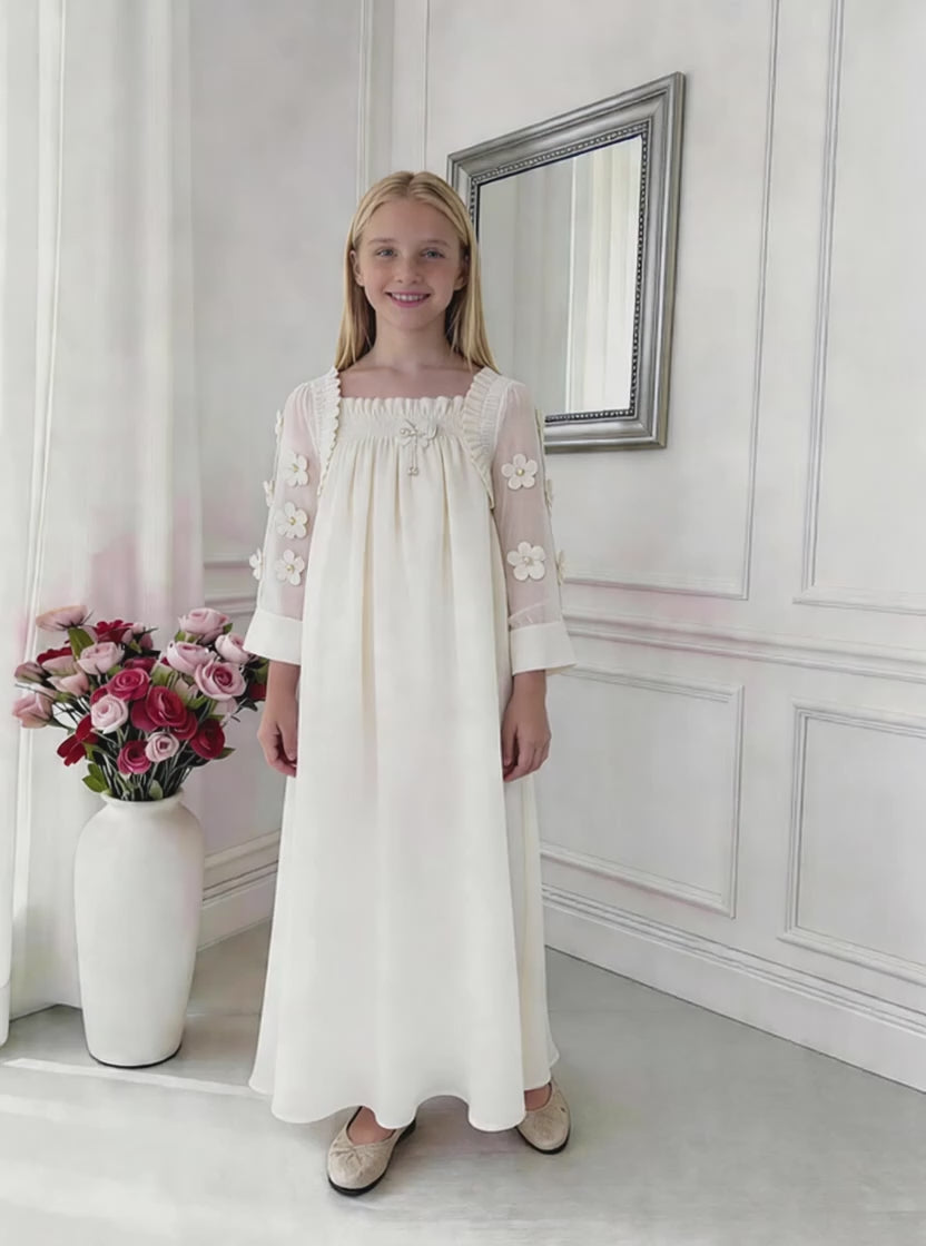 Elara Sheer Sleeve Girls Dress – Elegant Flowing Occasion Dress (RG9933)